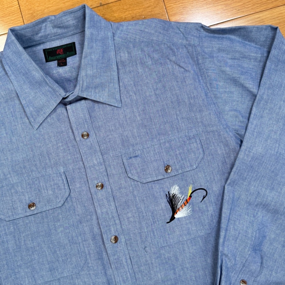 Vintage 80s Abercrombie & Fitch Large Cotton Chambray Fly Fishing Lure Shirt